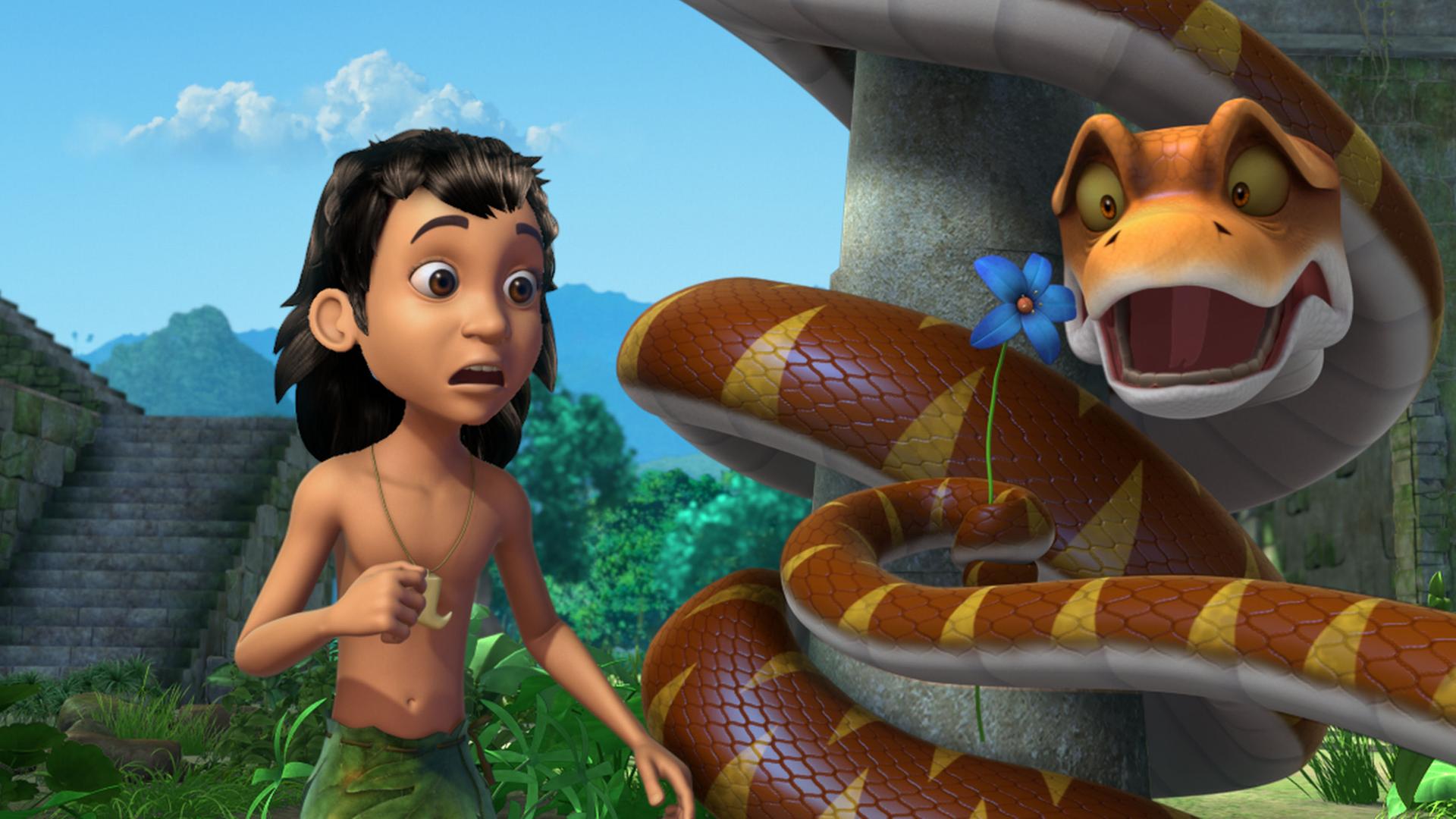 Kaa und Mogli schauen erschrocken auf eine Blume, die Kaa mit dem Schwanz hochhält.