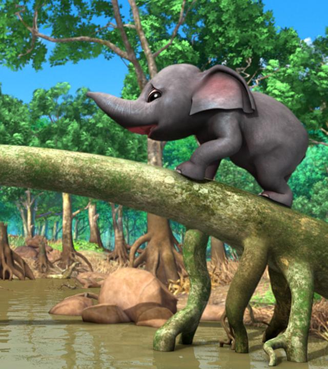 Mogli und Elefant Hathi balancieren über einen dicken Ast, der sich über ein sumpfiges Feuchtgebiet wölbt.