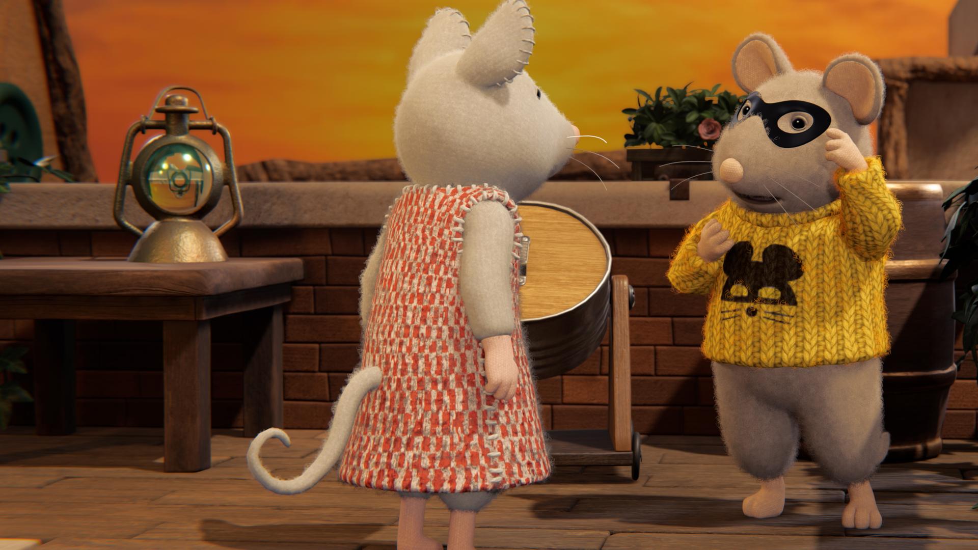 Julia steht auf der Dachterrasse mit einer Maus in gelbem Pulli und schwarzer Maske. Der Himmel leuchtet orange-gelb.