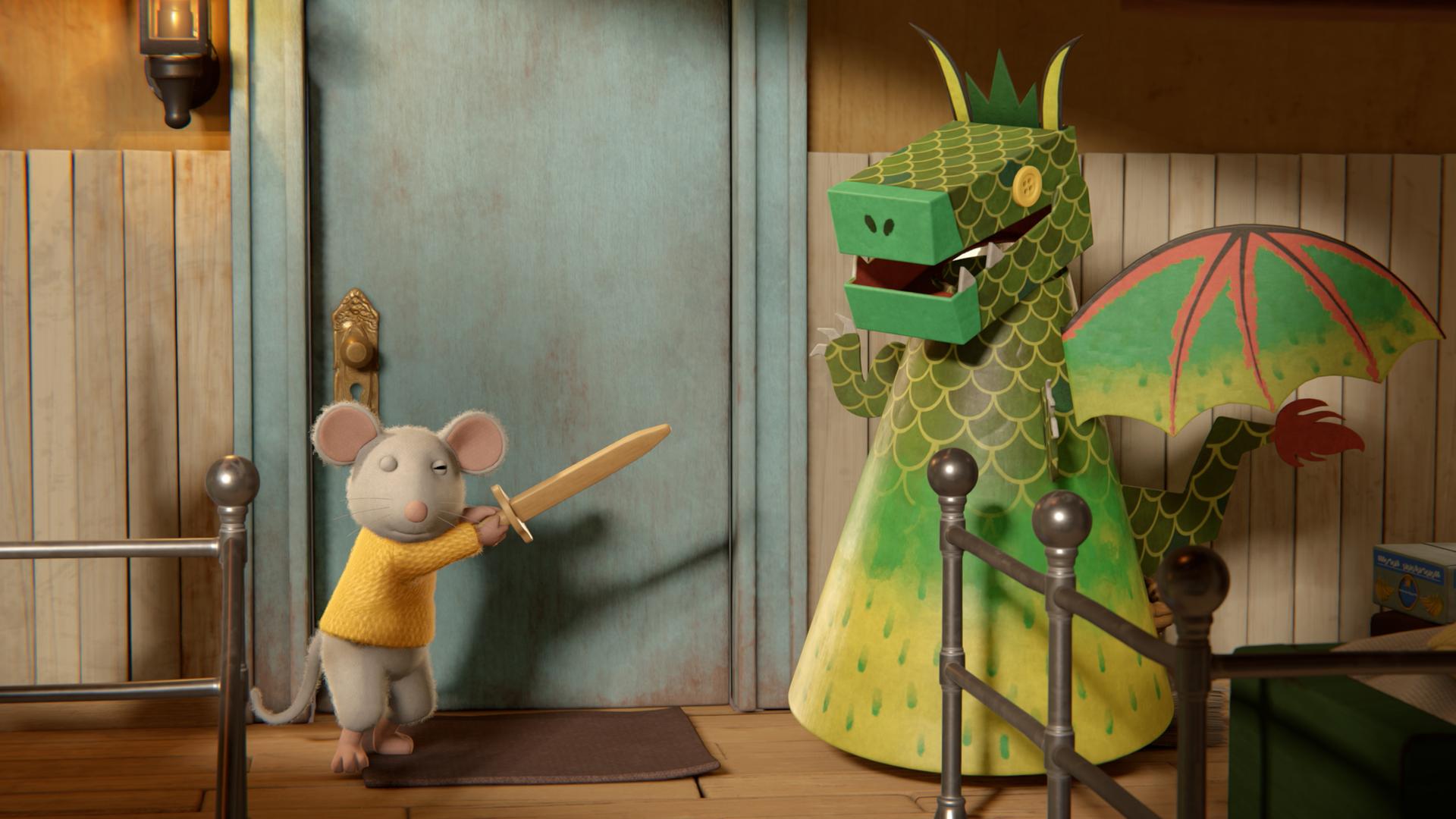 Ben, der kleine Bruder von Sam, richtet mit der Hand ein Holzschwert gegen einen riesigen, grünen Drachen. Der Drachen ist von Sam selbstgebastelt