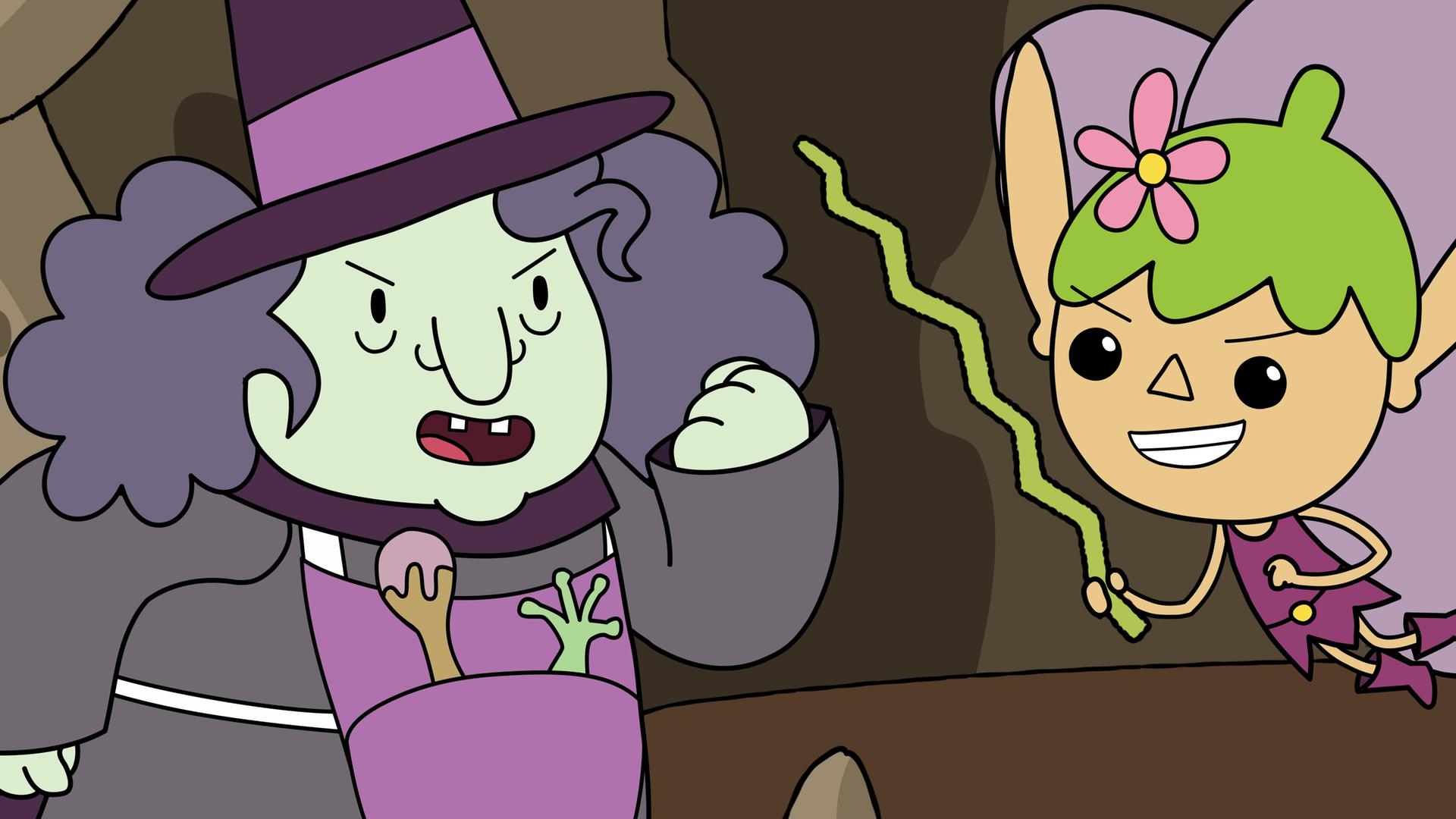 In einer Höhle: Wütend mit geballter Faust zetert eine Hexe die Fee Twinkle an, die dicht vor ihr fliegt. Twinkle hält einen grünen, gezackten Zauberstab stolz grinsend in ihrer Hand.