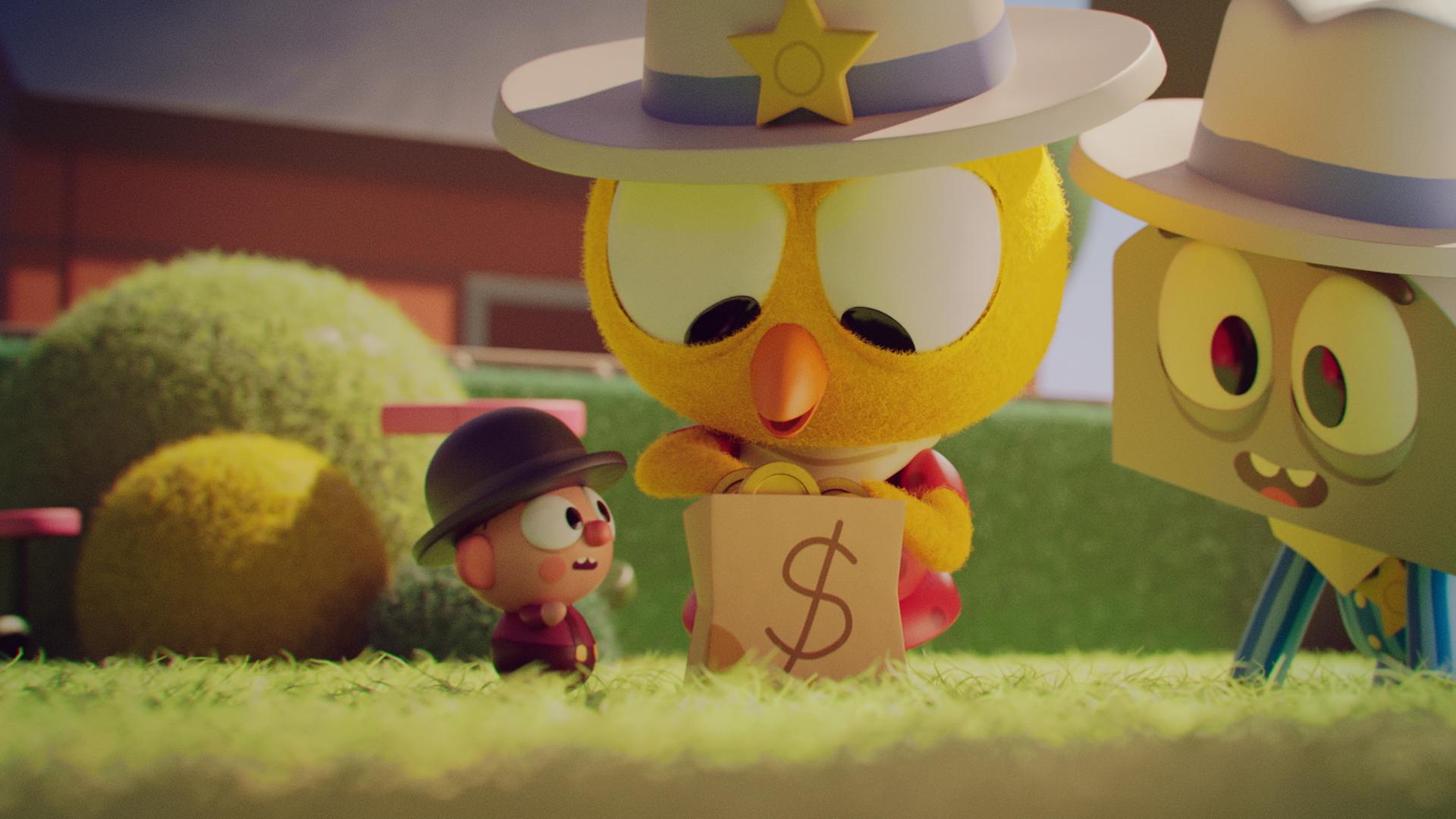 Das Küken Karla steht in der Mitte einer Wiese. Links neben ihr steht Wichtel Bob und rechts Toast, der Junge mit Toasterkopf. Alle drei tragen Hüte. Karlas Hut hat einen Sheriff-Stern. Sie hält eine braune Papiertüte mit den Flügeln fest, auf die ein Dollarzeichen gemalt ist. Alle drei Figuren blicken zur geöffneten Tüte.