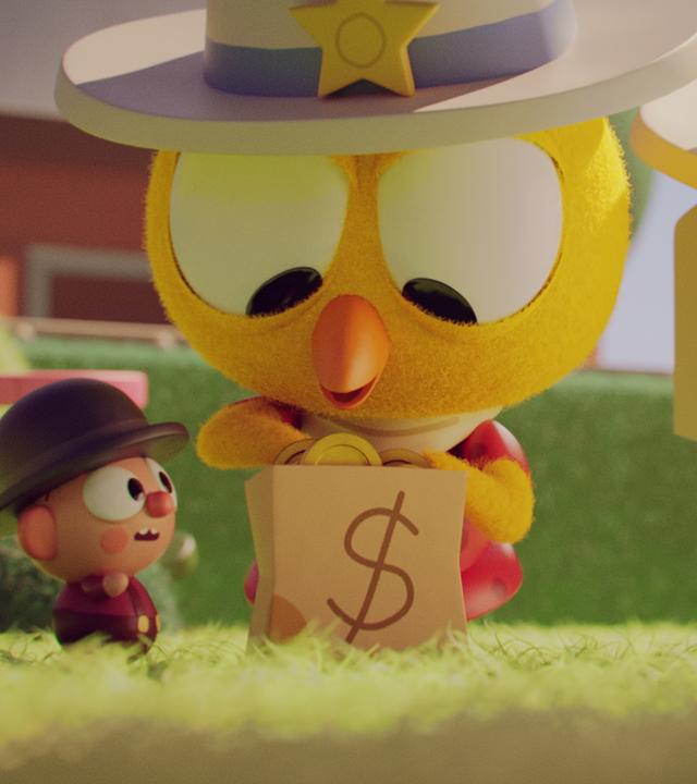 Das Küken Karla steht in der Mitte einer Wiese. Links neben ihr steht Wichtel Bob und rechts Toast, der Junge mit Toasterkopf. Alle drei tragen Hüte. Karlas Hut hat einen Sheriff-Stern. Sie hält eine braune Papiertüte mit den Flügeln fest, auf die ein Dollarzeichen gemalt ist. Alle drei Figuren blicken zur geöffneten Tüte.