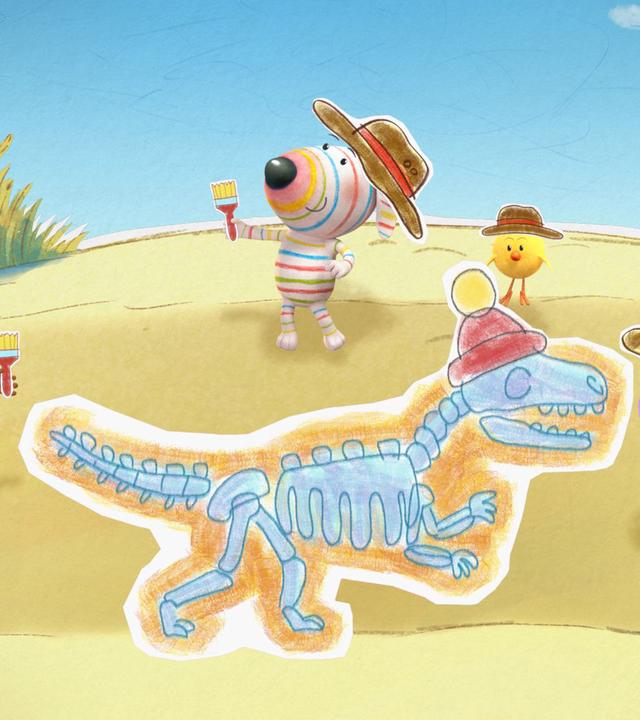 Otter Ozzy, Hund Dylan, Küken Bitsy und Katze Daisy stehen auf einem Sandhügel um ein ausgegrabenes Dinosaurierskelett herum. Jeder von ihnen trägt einen breiten braunen Hut auf dem Kopf. Dylan und Ozzy halten jeweils einen Pinsel in den Pfoten, mit dem sie das Skelett freigelegt haben. Das Skelett trägt Ozzys rote Pudelmütze auf dem Kopf.