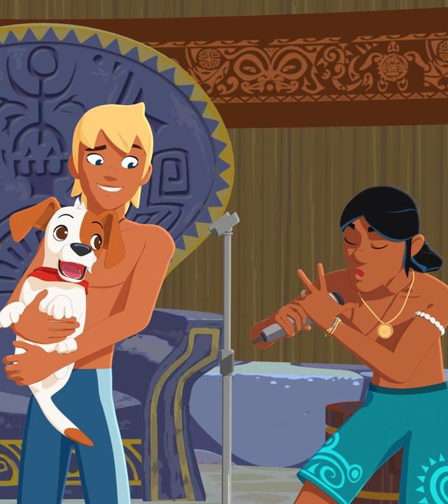 Yann hält das kleine Hündchen auf seinem Arm, er und Timeti schauen herüber zu Auru, der enthusiastisch in ein Mikrofon singt.