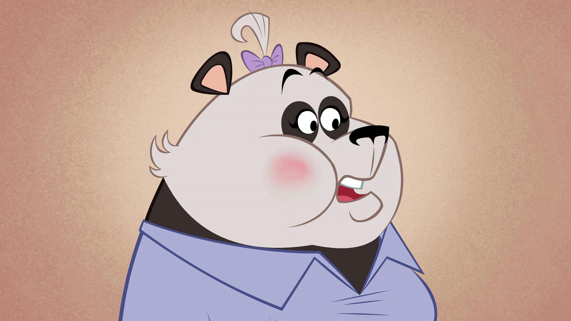 Frau Panda steht mit offenem Mund in ihrem Restaurant. Stört es sie nicht, dass sie keine Gäste empfangen kann?