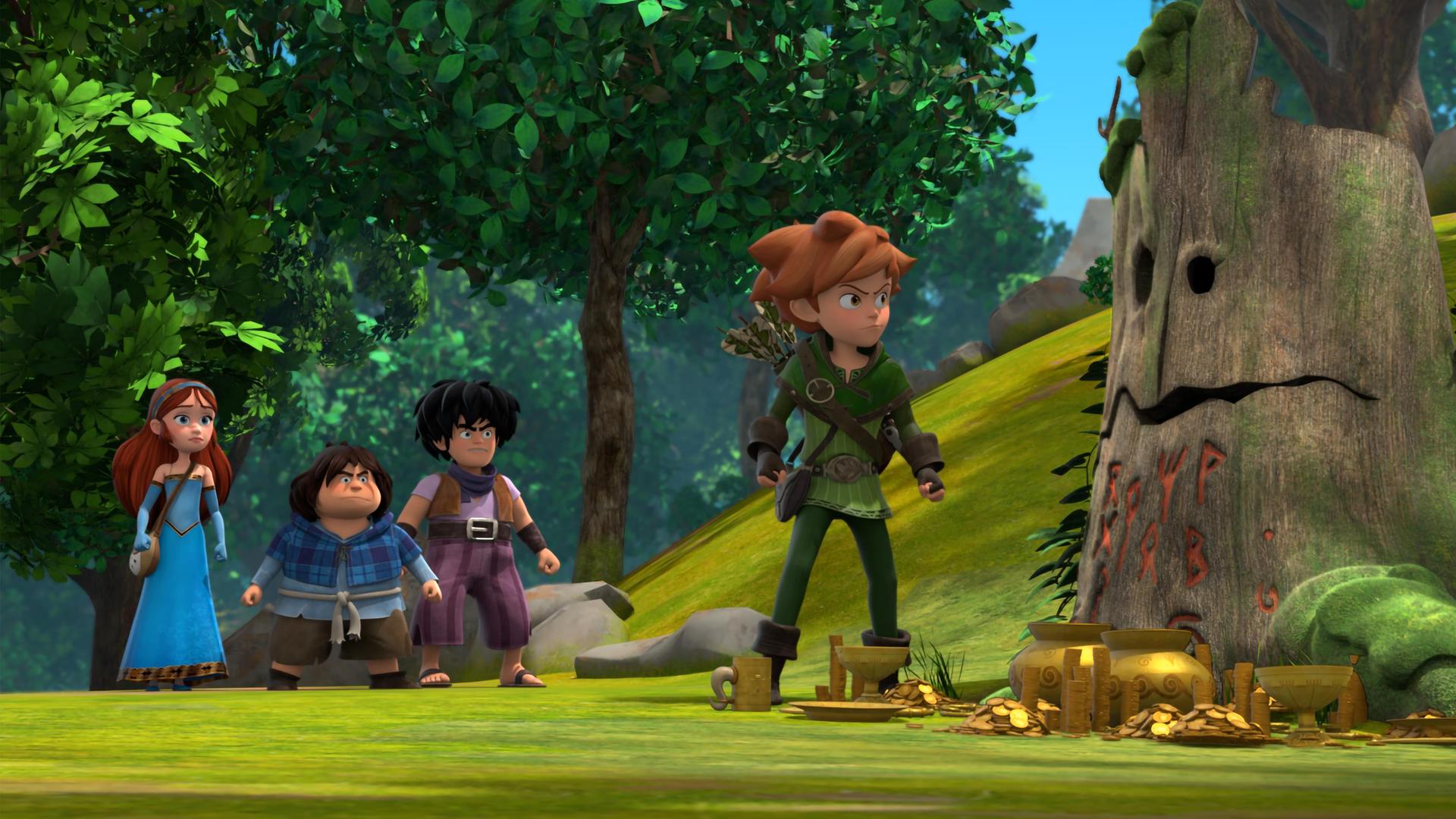 Tagsüber im Wald: Robin steht mit zweifelndem Blick und zu Fäusten geballten Händen vor einem Baumstumpf, vor dem Schätze und Münzen aus Gold aufgebahrt sind. Der Baumstumpf hat Löcher und Risse, die wie ein grimmiges Gesicht wirken. Im unteren Bereich sind Runen eingeschnitzt. Robins Freunde Marian, Tuck und Little John, stehen mit etwas Abstand hinter Robin und wirken angespannt.