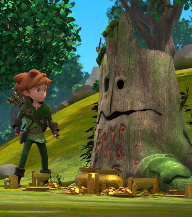 Tagsüber im Wald: Robin steht mit zweifelndem Blick und zu Fäusten geballten Händen vor einem Baumstumpf, vor dem Schätze und Münzen aus Gold aufgebahrt sind. Der Baumstumpf hat Löcher und Risse, die wie ein grimmiges Gesicht wirken. Im unteren Bereich sind Runen eingeschnitzt. Robins Freunde Marian, Tuck und Little John, stehen mit etwas Abstand hinter Robin und wirken angespannt.