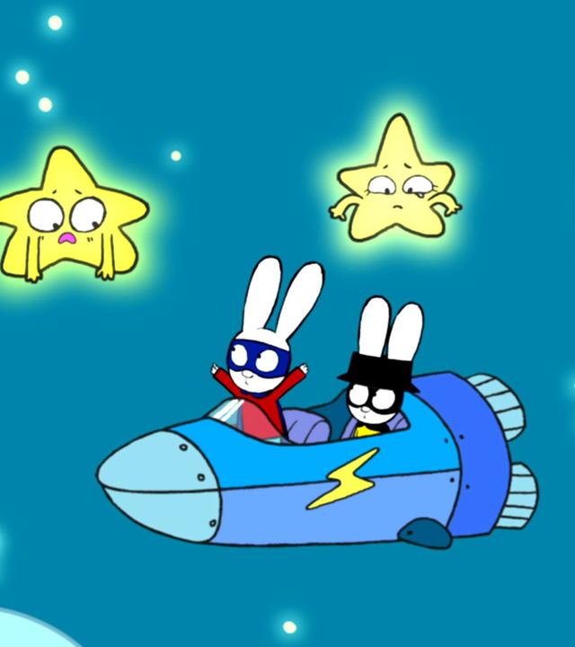 In der Fantasiewelt sitzen Superhase und Captain Hase gemeinsam in einem Raumschiff und fliegen durch die Lüfte. Über ihnen schweben drei Sterne, die mit besorgten Blicken zu Superhase und Captain Hase runterschauen. Am Himmel stehen zudem noch mehrere Wolken.