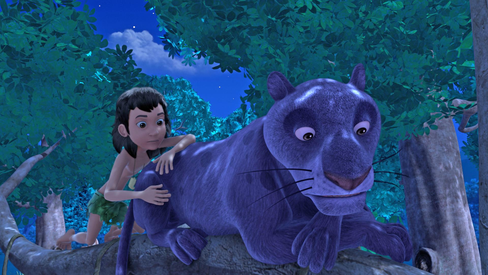 Mogli und Baghira sitzen in der Nacht auf einem Ast und blicken von dort nach unten.