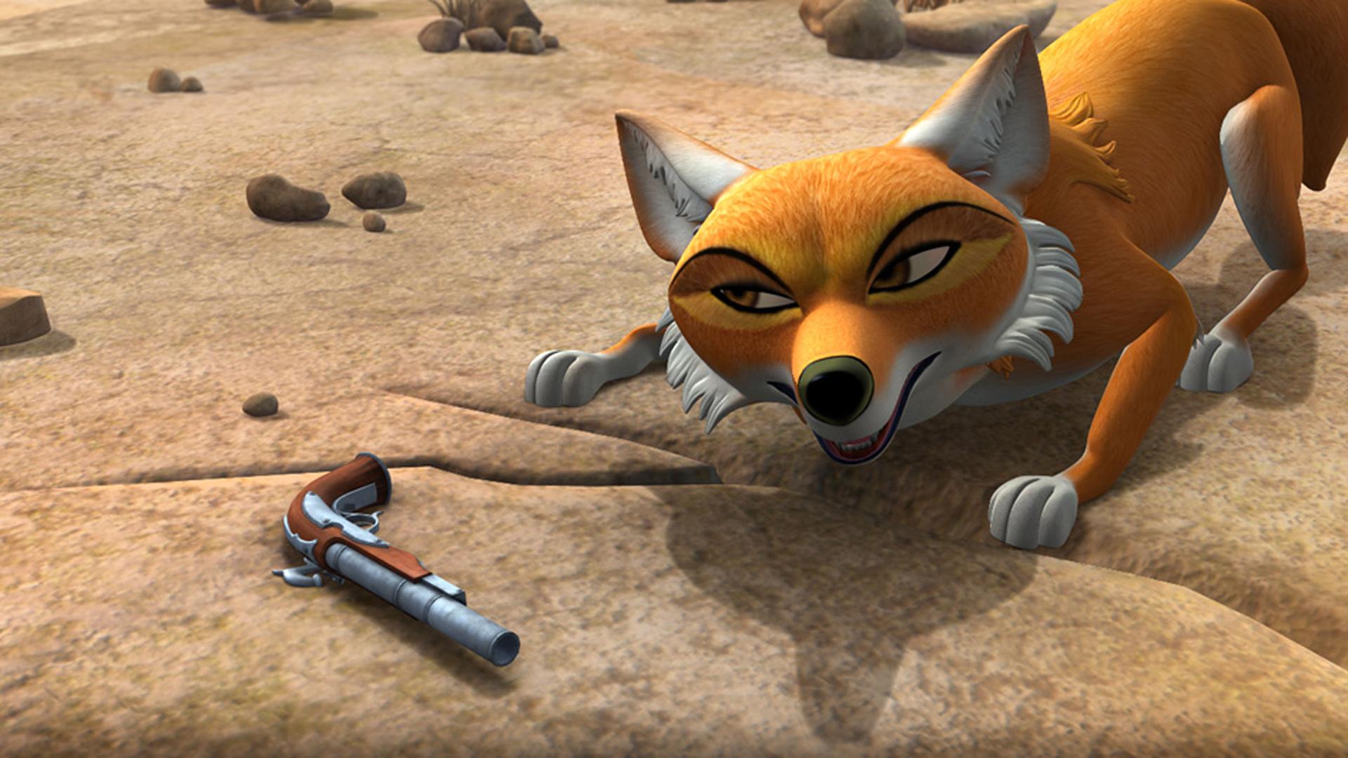 Tabaqui beäugt eine die vor ihm auf dem Boden liegende Schusswaffe.