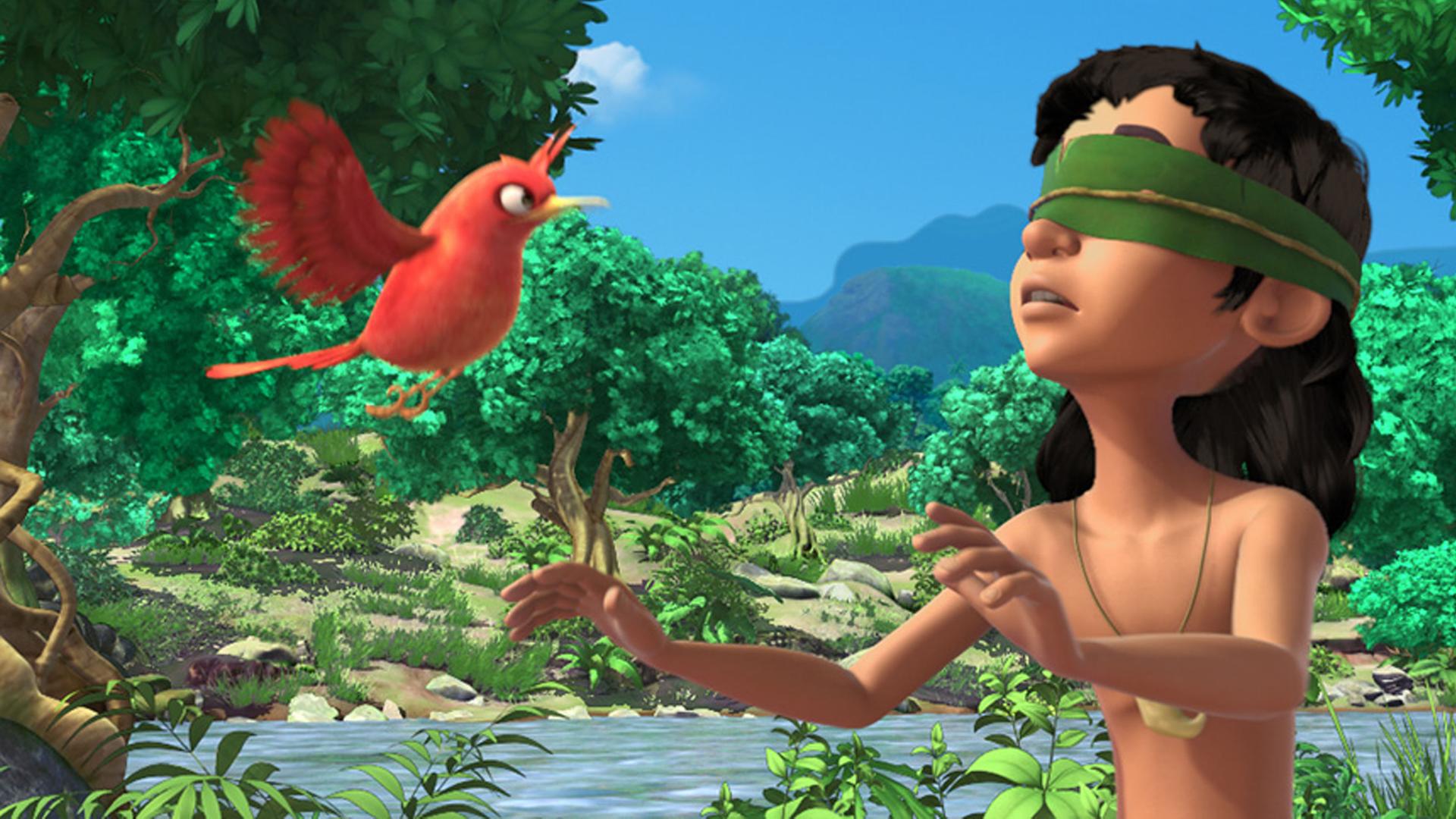 Mogli ist vorübergehend blind. Er trägt eine Augenbinde und hebt beide Arme nach oben.