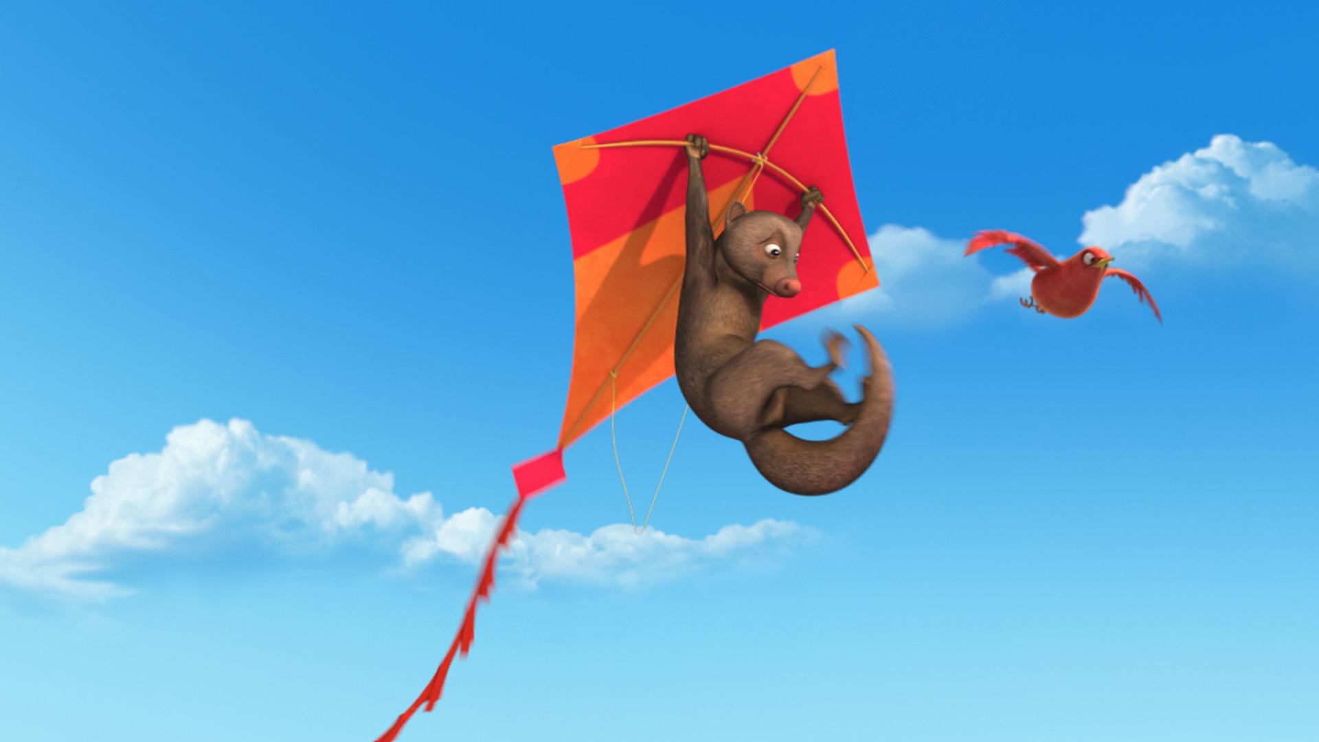 Rikki hängt im Drachen, in dem sie sich verfangen hat.