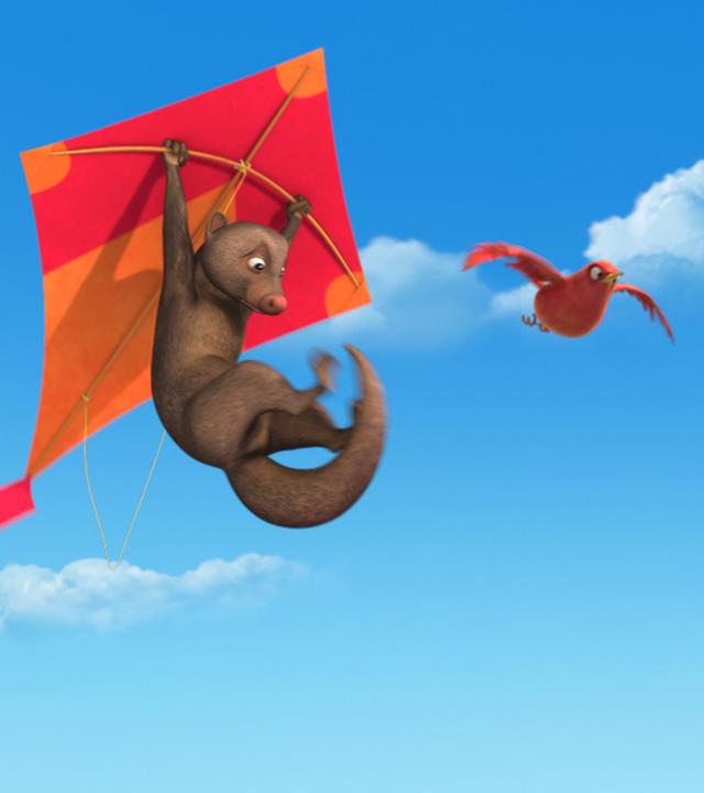 Rikki hängt im Drachen, in dem sie sich verfangen hat.