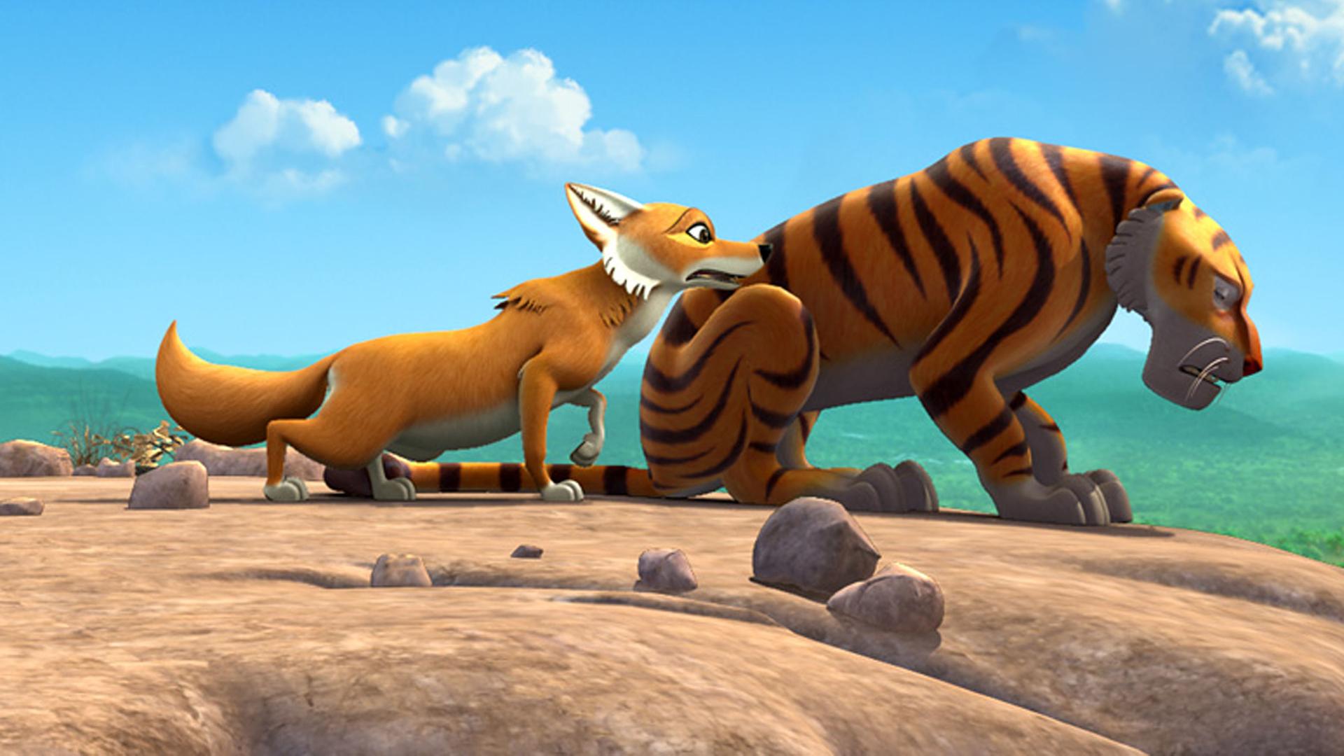 Shir Khan sitzt betrübt an einer Felsklippe, Tabaqui kommt zu ihm gelaufen.