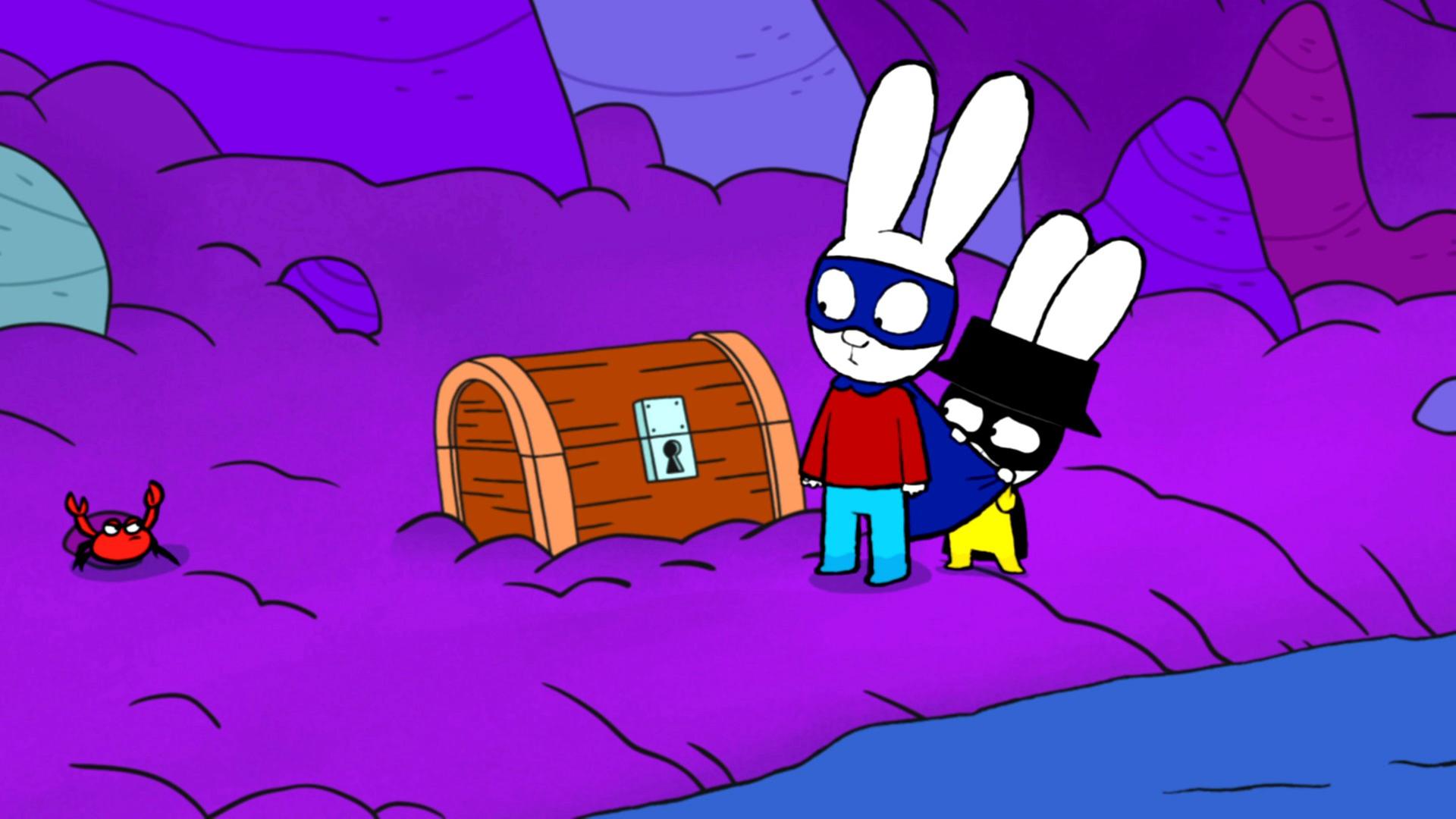 In der Fantasiewelt stehen Superhase und Captain Hase in einer dunklen Höhle. Vor ihnen befindet sich eine Schatztruhe. Neben der Schatztruhe befindet sich ein kleiner Krebs, der mit frechem Blick seine Scheren in die Höhe hält. Captain Hase steht hinter Superhase und versteckt sich besorgniserregend hinter dessen Umhang.