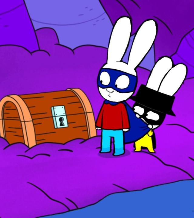 In der Fantasiewelt stehen Superhase und Captain Hase in einer dunklen Höhle. Vor ihnen befindet sich eine Schatztruhe. Neben der Schatztruhe befindet sich ein kleiner Krebs, der mit frechem Blick seine Scheren in die Höhe hält. Captain Hase steht hinter Superhase und versteckt sich besorgniserregend hinter dessen Umhang.