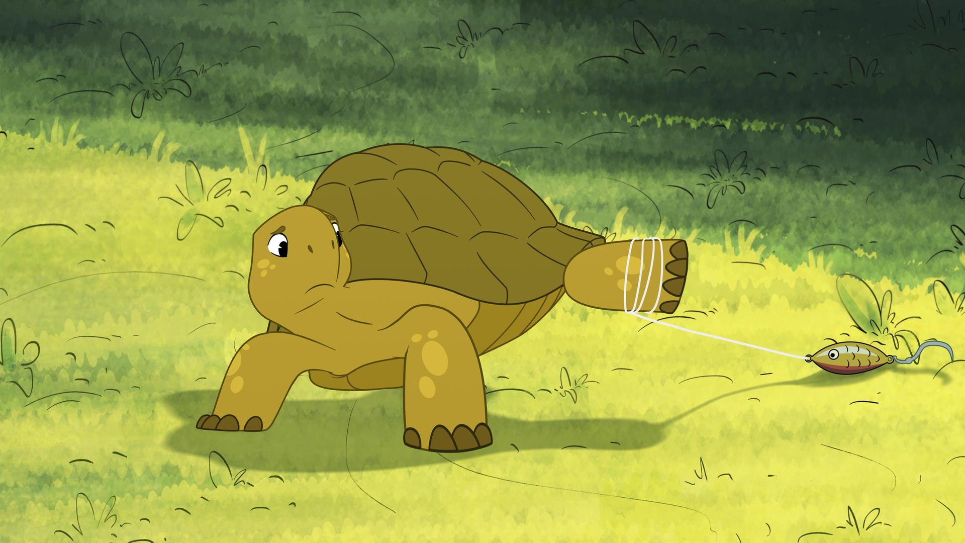 Eine kleine, grüne Schildkröte steht auf einer hellgrünen Wiese. Das hintere Bein ist nach hinten ausgestreckt und von einer hellen Schnur umwickelt. Am Ende der Schnur ist ein kleiner Angelhaken in Form eines Fisches, der im Boden feststeckt. Die Schildkröte blickt besorgt darauf.