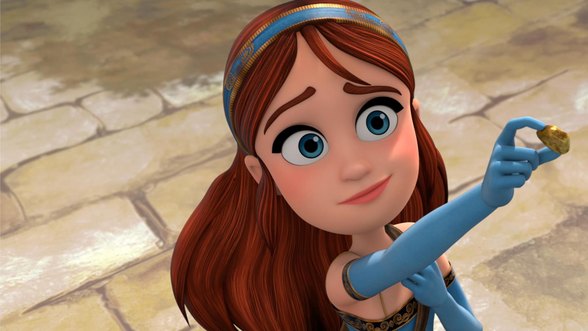 Marian im Dorf: Sie streckt ihren rechten Arm nach oben und in ihrer Hand glänzt ein Goldstück.