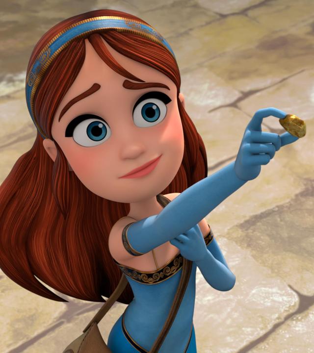 Marian im Dorf: Sie streckt ihren rechten Arm nach oben und in ihrer Hand glänzt ein Goldstück.