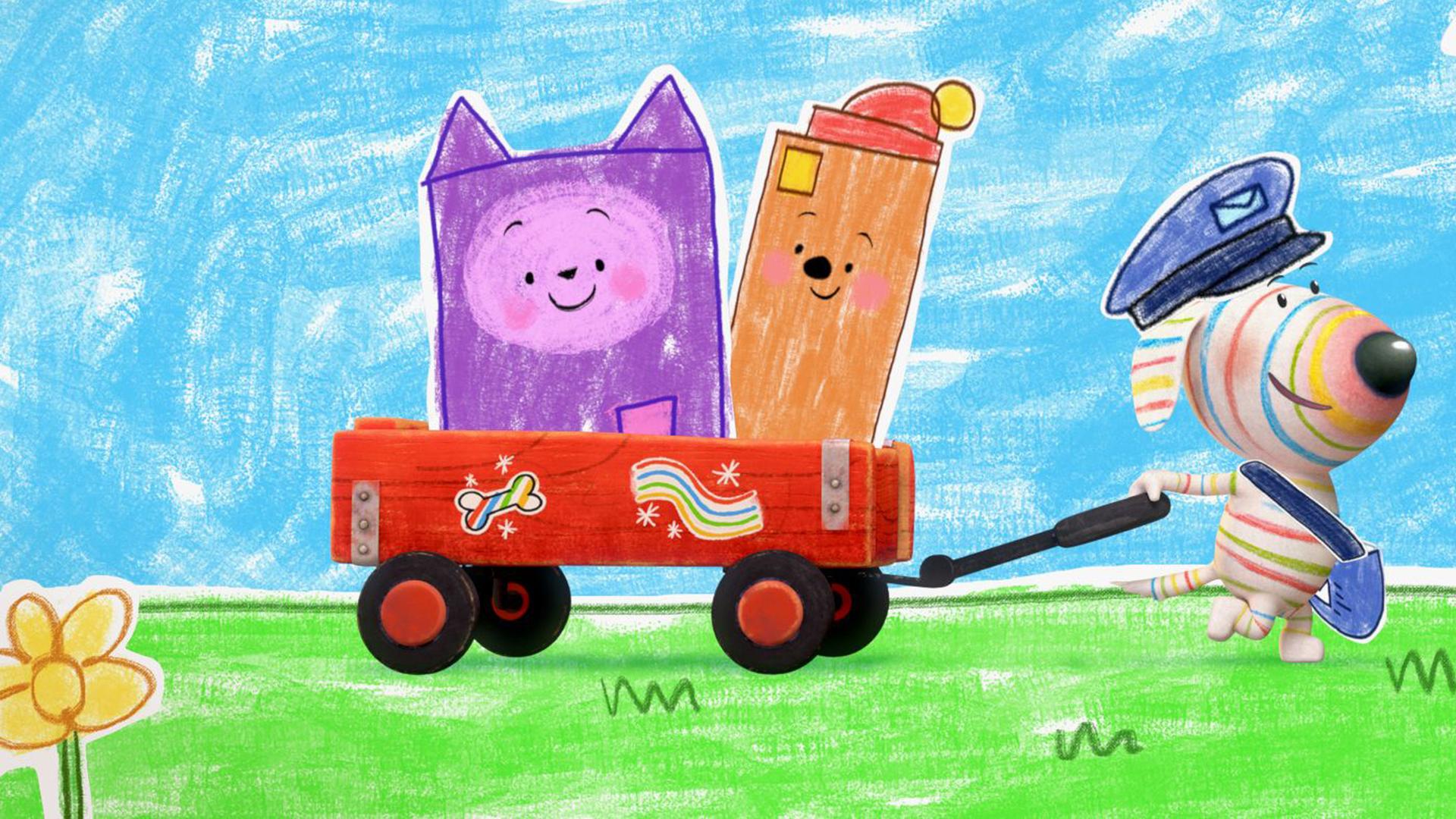 Hund Dylan, Otter Ozzy und Katze Daisy spielen Post. Dylan ist der Postbote und trägt eine blaue Postmütze sowie eine blaue Umhängetasche. Sein Bollerwagen, den er mit einer Pfote zieht, dient ihm als Transportmittel für die schweren Pakete. Daisy und Ozzy haben sich in Pakete verwandelt und liegen auf dem Bollerwagen. Dylan zieht den Wagen über eine strahlend grüne Wiese. Die Sonne scheint hell am Himmel.