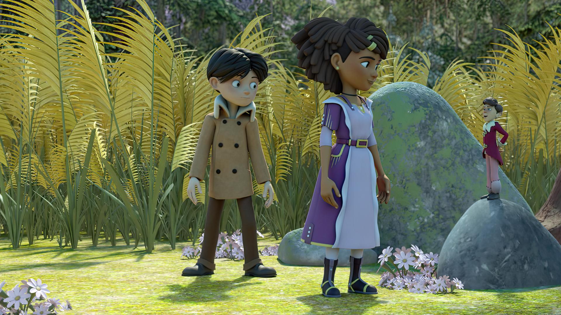 Prinz Tipsar steht erhaben auf einem Stein und blickt zu Prinzessin Ailina hinauf. Diese steht vor Tipsar und blickt ihn freudig lächelnd an. Klincus steht hinter Ailina und schaut der Begegnung der beiden Adeligen verhalten lächelnd zu.