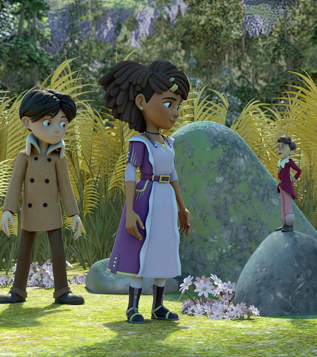 Prinz Tipsar steht erhaben auf einem Stein und blickt zu Prinzessin Ailina hinauf. Diese steht vor Tipsar und blickt ihn freudig lächelnd an. Klincus steht hinter Ailina und schaut der Begegnung der beiden Adeligen verhalten lächelnd zu.