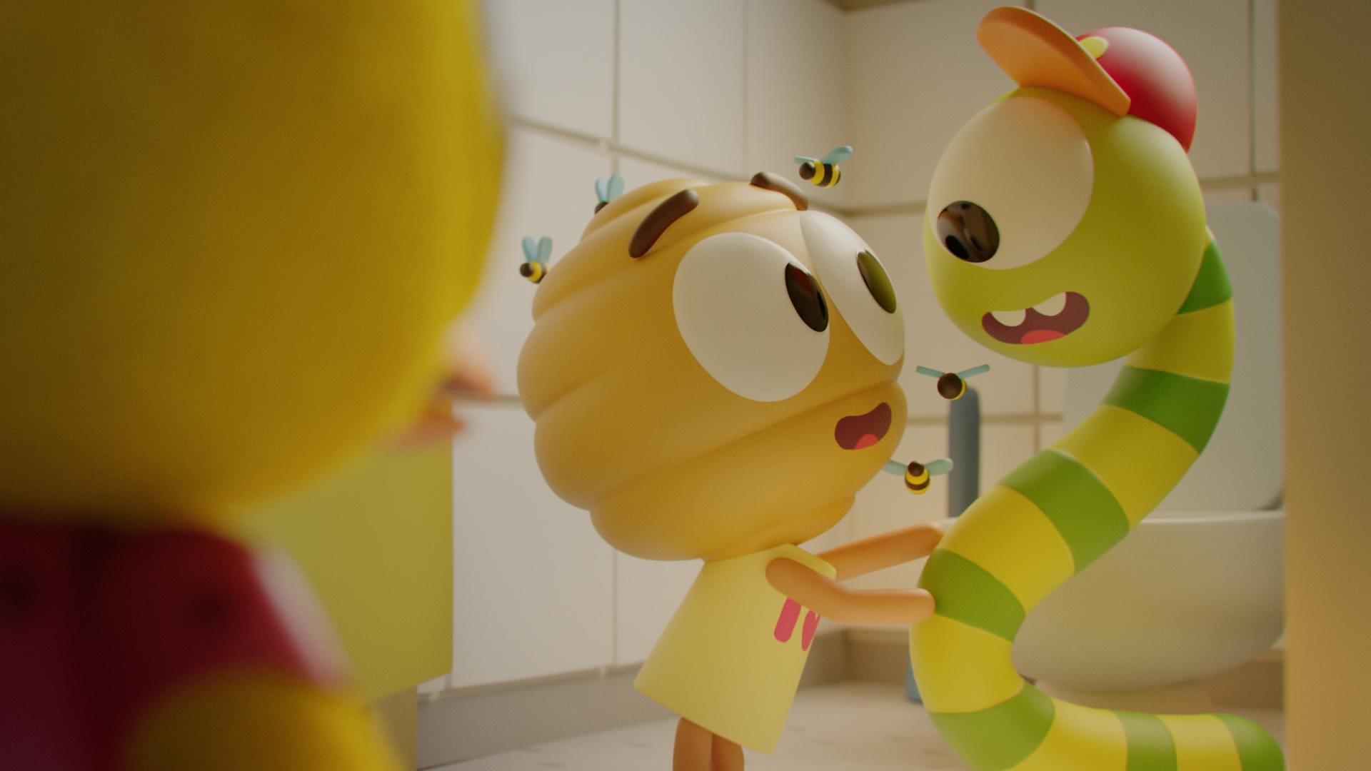 Bienenstock-Mädchen Flora steht in einer Kabine der Schultoilette und versucht Wurm Glitsch zu umarmen. Sie schmachtet ihn verliebt an und auch Glitsch blickt fröhlich zu Flora. Vor der Kabinentür steht das Küken Karla und betrachtet das Geschehen.