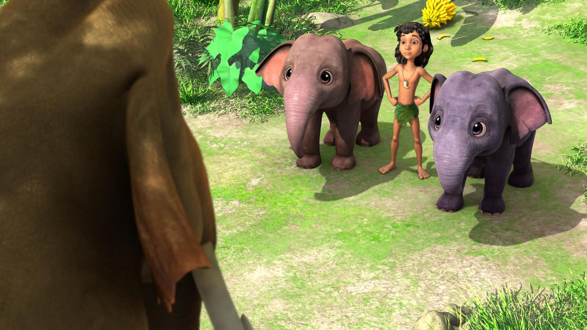 Hathi steht groß links im Bild. Vor ihm stehen die Elefantenkinder Appu und Hita mit Mogli in der Mitte. Hathi erteilt ihnen einen Auftrag.