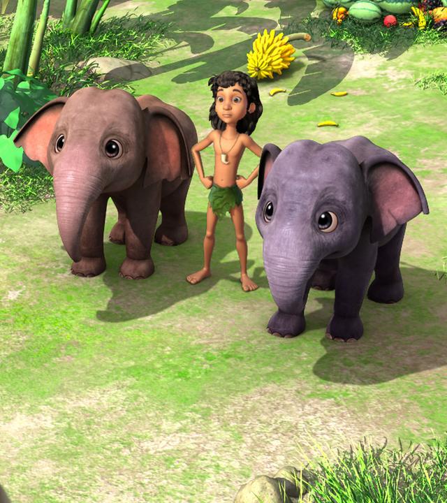 Hathi steht groß links im Bild. Vor ihm stehen die Elefantenkinder Appu und Hita mit Mogli in der Mitte. Hathi erteilt ihnen einen Auftrag.