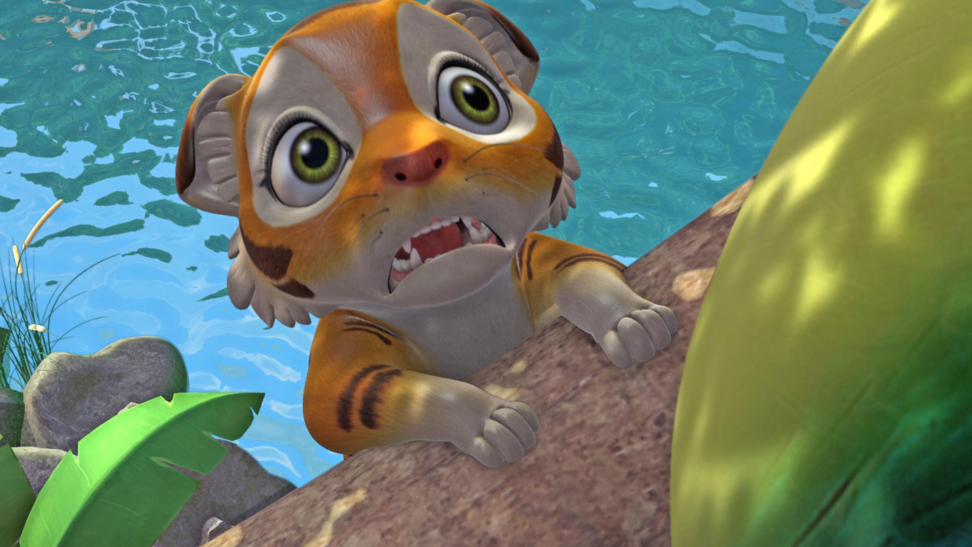 Der kleine Tigerjunge Chota schaut verängstigt mit aufgerissenen Augen. Er klammert sich an einem Ast fest. Unter ihm ist Wasser.