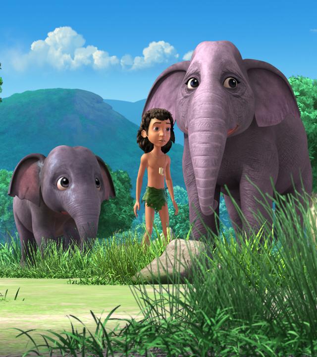 Mogli, Elefantenmutter Gayini und die Elefantengeschwister Hita und Appu warten auf  Elefantenvater Hathi.