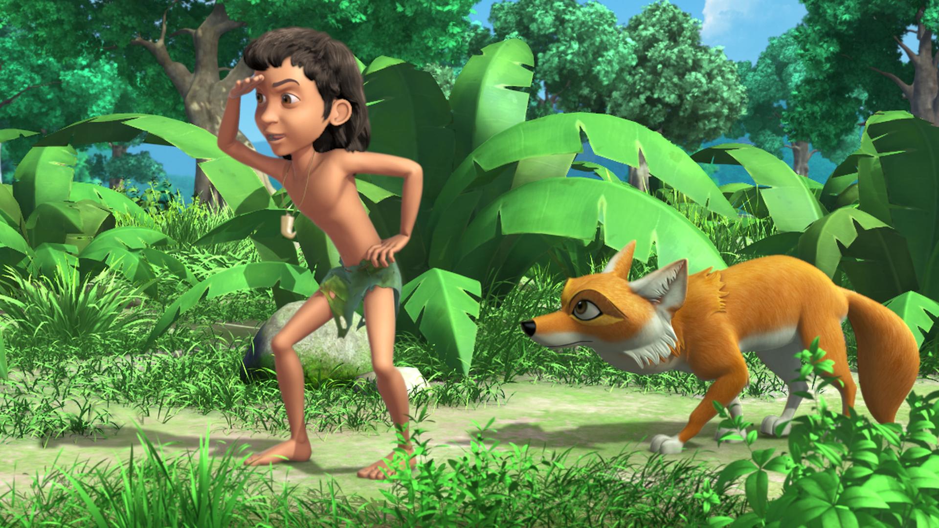 Mogli geht im Dschungel vorweg und hält, Ausschau haltend, seine rechte Hand an die Stirn. Tabaqui schleicht gebückt hinter ihm her.