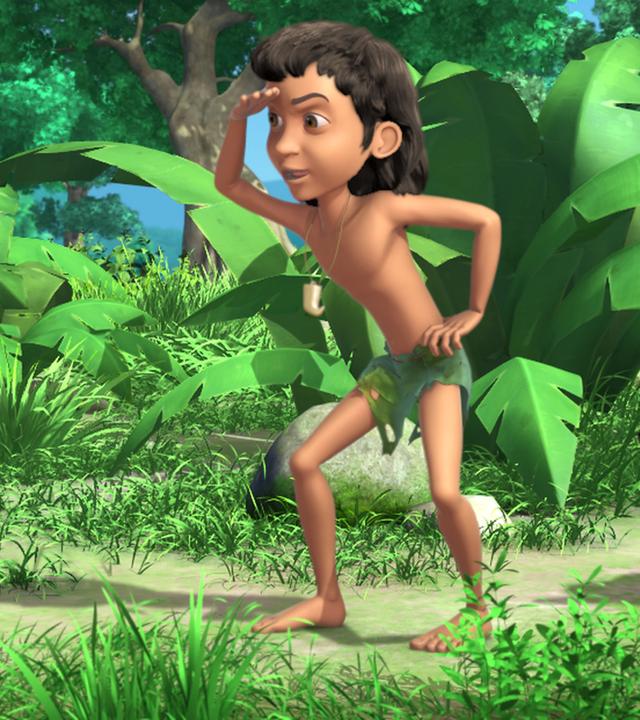 Mogli geht im Dschungel vorweg und hält, Ausschau haltend, seine rechte Hand an die Stirn. Tabaqui schleicht gebückt hinter ihm her.