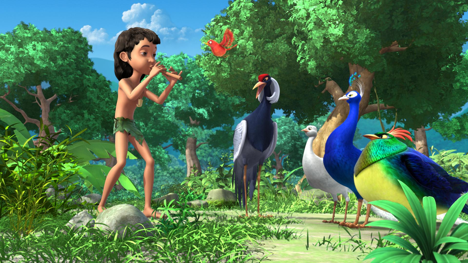 Vor Mogli stehen Rangu, Pula, Pavo und Aliona im Halbkreis.