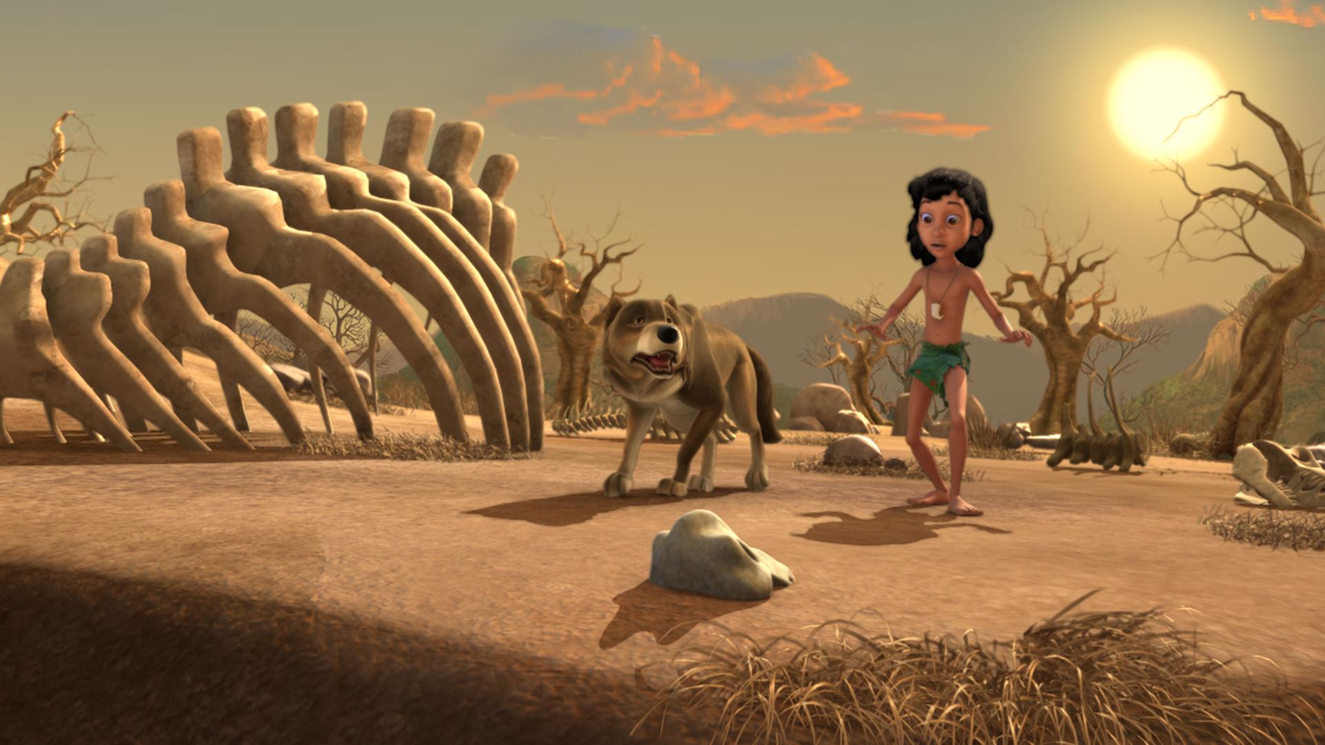 Mogli und Bala wandern durch die ausgedörrte Steppe an einem riesigen Gerippe vorbei. Im Bildhintergrund steht die Sonne große am Himmel.