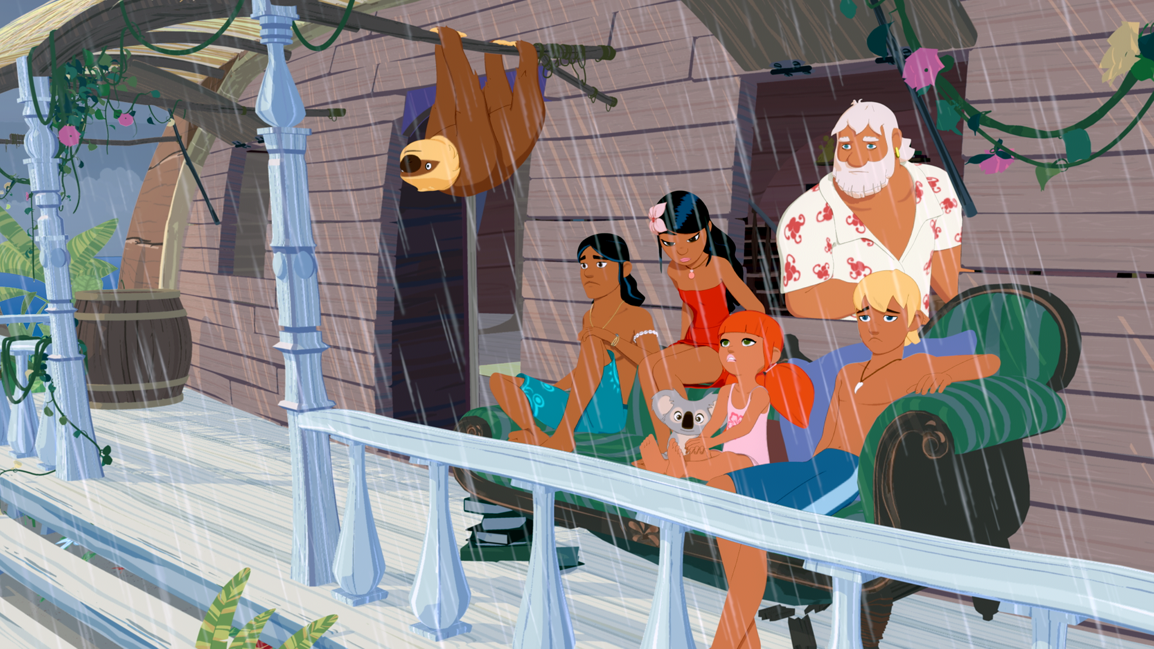 Yann, Onkel Patrick, Marina, Timeti, Auru und seine Freunde sitzen auf der Veranda und schauen gelangweilt in den Regen hinaus.