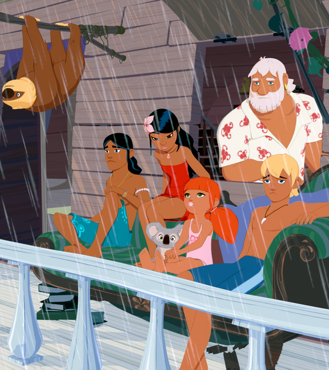 Yann, Onkel Patrick, Marina, Timeti, Auru und seine Freunde sitzen auf der Veranda und schauen gelangweilt in den Regen hinaus.