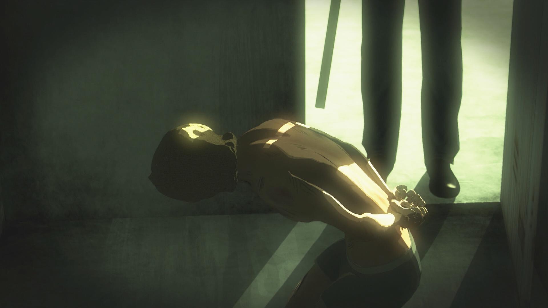 Opfer mit Sack über dem Kopf und gefesselten Händen kniet auf dem Boden. (Zeichnung)