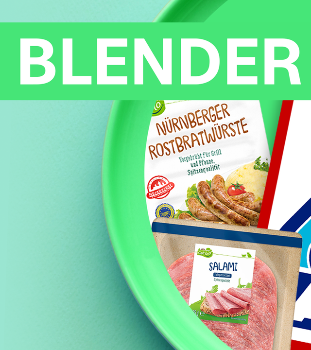 ein Aldi-Nord Logo neben 2 Eigenmarken Salami und Nürnberger Rostbratwürste vor grünem Hintergrund Überschrift Bio Blender