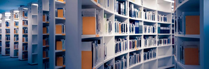 Geschwungene, moderne Bücherregale in einer Bibliothek erstrecken sich in die Tiefe des Raumes. Die Regale sind gleichmäßig mit Büchern bestückt, während ein weiches, kühles Licht von oben die klare Struktur und die ruhige Atmosphäre betont.