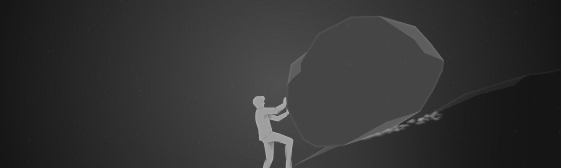 Die Zeichnung zeigt einen Mann, der mit dem Rücken zu einem Abgrund steht - und versucht, einen Stein aufzuhalten, der ihn Richtung Klippe drängt.