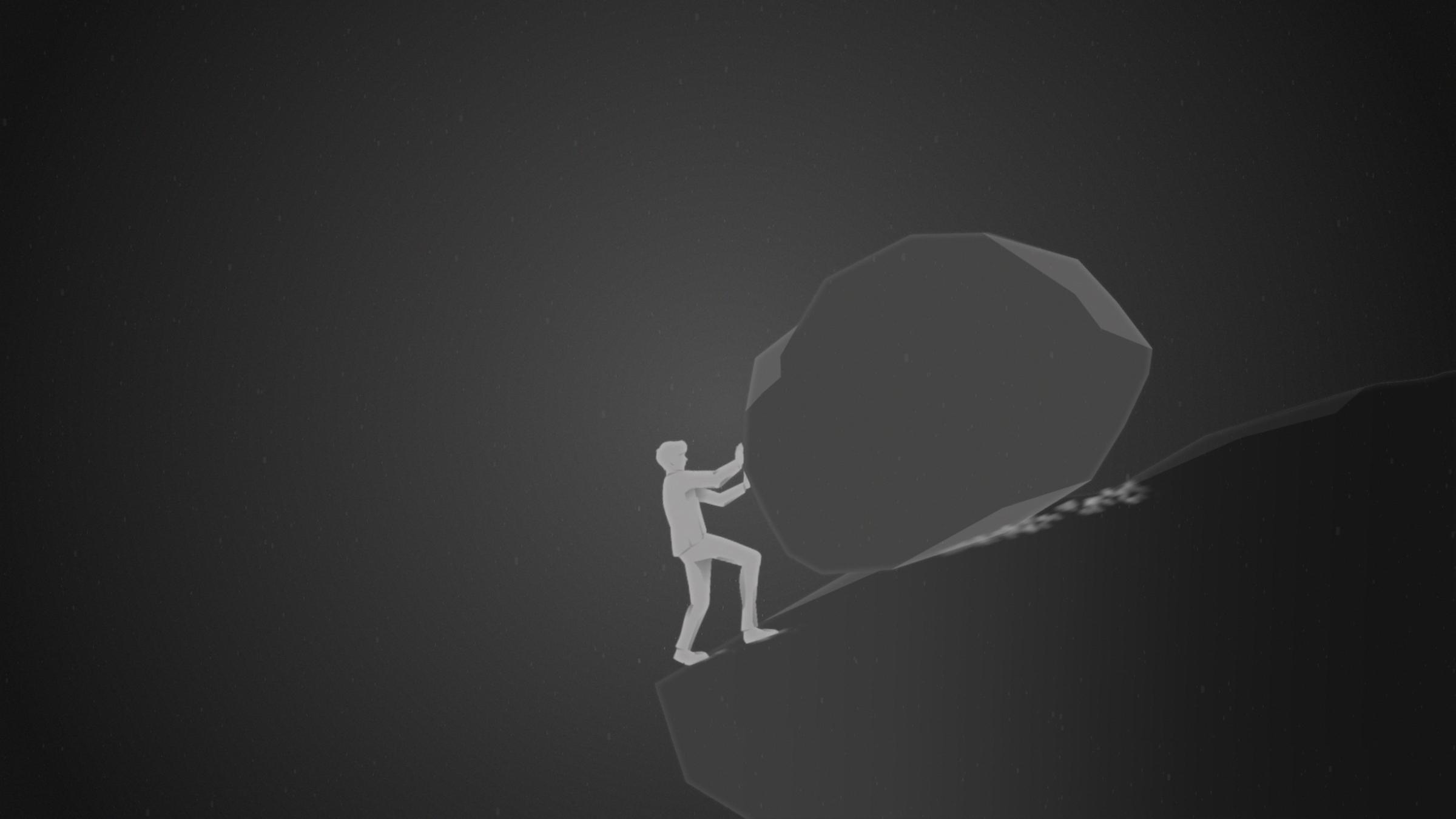 Die Zeichnung zeigt einen Mann, der mit dem Rücken zu einem Abgrund steht - und versucht, einen Stein aufzuhalten, der ihn Richtung Klippe drängt.