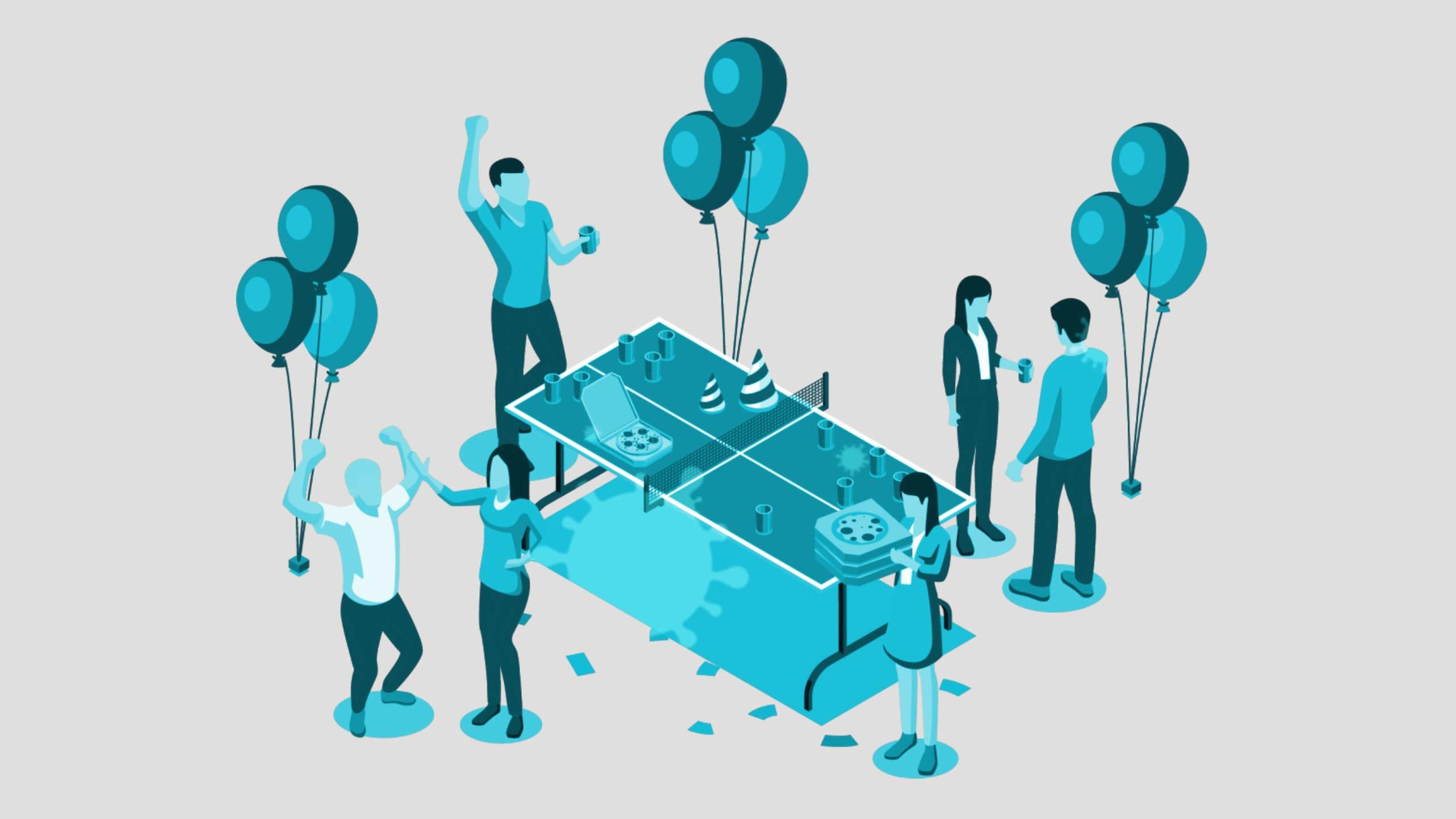 Die Illustration zeigt eine Party-Szene: Mehrere Menschen stehen feiernd um eine Tischtennis-Platte, es gibt Luftballons, Pizzen, Getränke. Ein Coronavirus symbolisiert, dass die Menschen sich infiziert haben. 