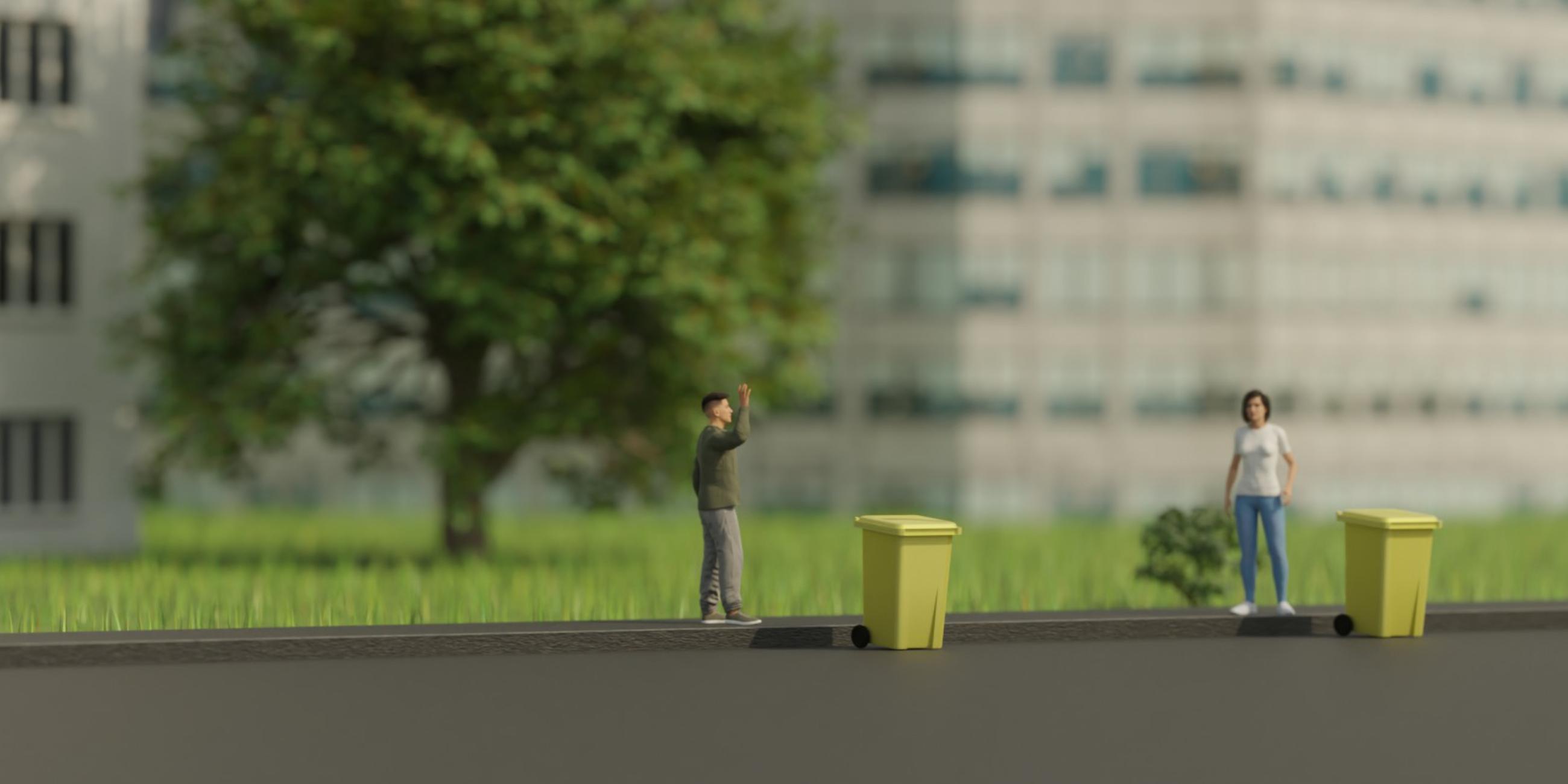 Symbolbild für die Story zum Thema wie Müll recycelt wird. Auf dem Bild sind zwei Personen zu sehen, die an einer gelben Tonne stehen. 