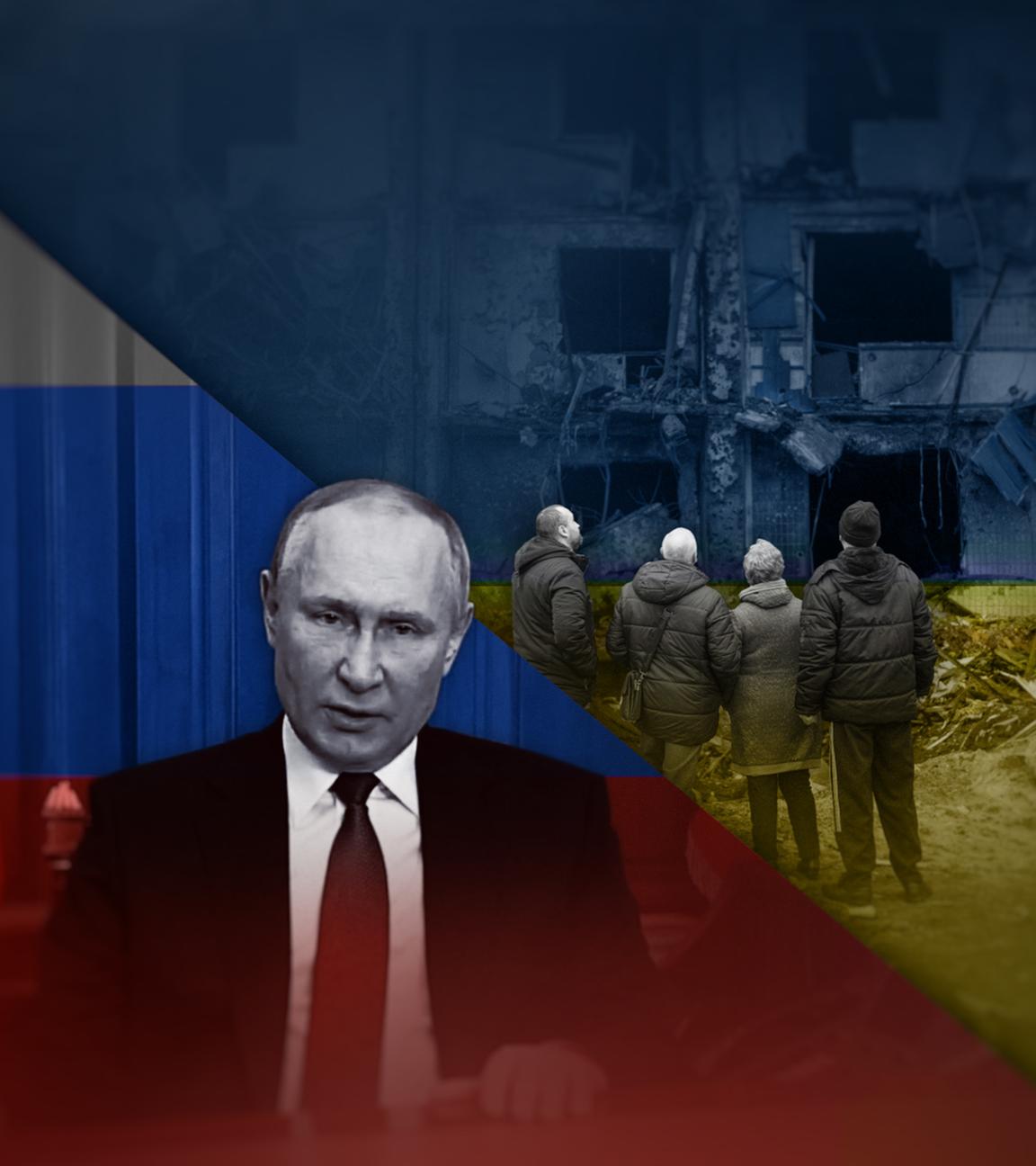 Die Montage zeigt in der linken Bildhälfte Russlands Präsidenten Wladimir Putin vor russischer Flagge. In der rechten Bildhälfte sind mehrere Menschen zu sehen, die vor einer zerstörten Häuserfassade stehen. Die rechte Hälfte ist in die Farben der ukrainischen Flagge getaucht.