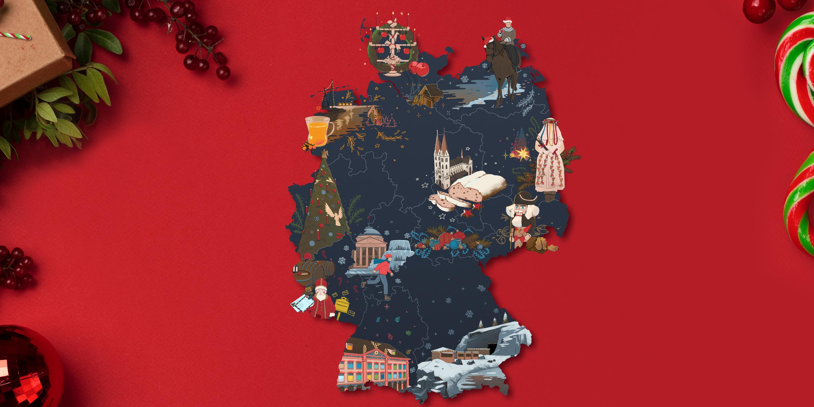Auf einer Deutschlandkarte sind weihnachtliche Symbole zu sehen und je Bundesland ein Ort, der besonders weihnachtlich ist - zum Beispiel der größte Weihnachtsbaum der Welt in Nordrhein-Westfalen, der Jöölboom in Schleswig-Holstein, Halberstädter Domstollen in Sachsen-Anhalt, der Nussknacker in Sachsen oder auch das Adventskalenderhaus in Baden-Württemberg.