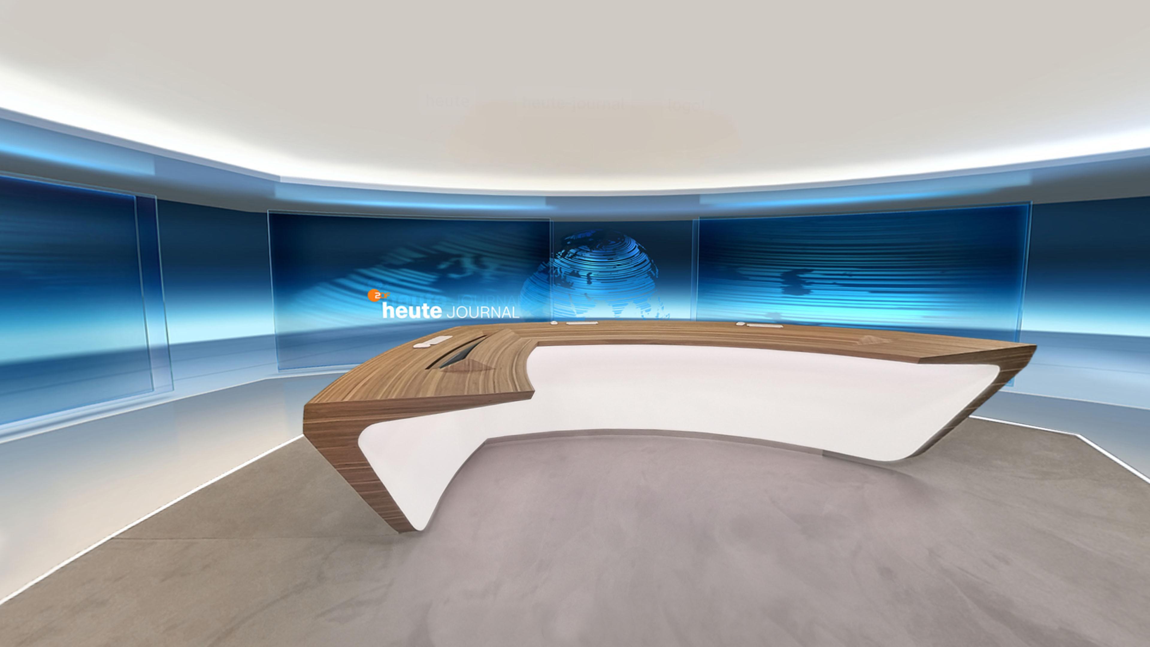 Das neue Nachrichtenstudio des ZDF: Im Mittelpunkt steht der neue Moderationstisch. Die Umgebung wird komplett digital erzeugt - und erhält dabei dank virtueller Glasscheiben eine neue Optik mit mehr Räumlichkeit.