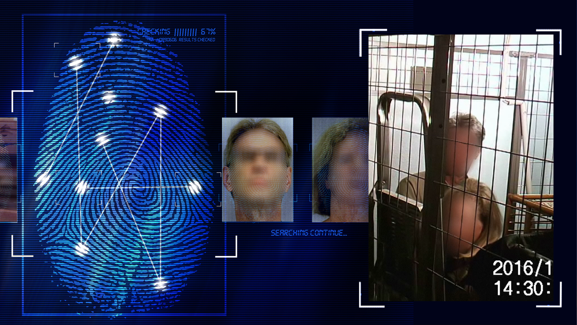 Standbild aus einem Überwachungsvideo zeigt zwei Menschen in einem vergitterten Kellerverschlag. Die Gesichter wurden technisch verfremdet. An dem Kellerverschlag leht eine zusammengeklappte Leiter. Im Hintergrund ist ein Regal zu sehen. Links daneben: Lichtschematische Darstellung eines Fingerabdrucks.