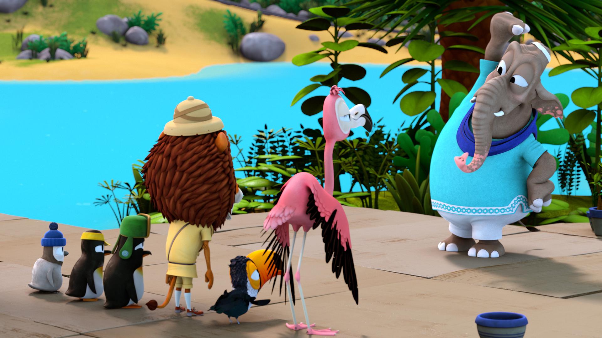 Frau Emily zeigt der Zoobande eine Fitnessübung, die Gruppe steht in einer Reihe vor ihr.